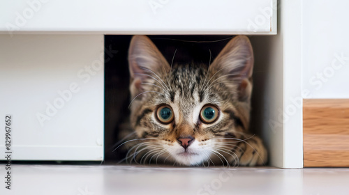 Playful Kitten Hiding in Cabinet Nook with Wide-Eyed Curiosity. Fun and Adorable Pet Behavior