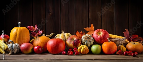 A healthy eating composition featuring autumn pumpkins apples and rosehips arranged on a wooden table A high quality image with copy space