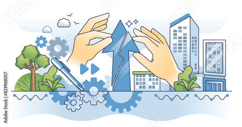 Business process reengineering and rapid company change outline concept, transparent background. Corporation transformation with change in process, quality or performance illustration.