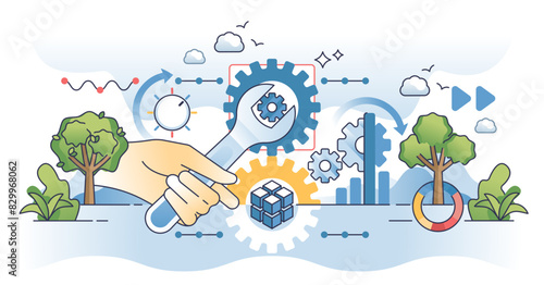 Business process reengineering or BPR for transformation outline concept, transparent background. Effective company improvement with changes in performance and management illustration.