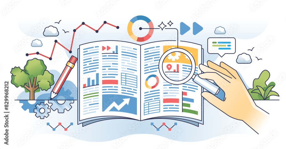 Data journalism and media article information research outline hands concept, transparent background. Daily paper content fact check and reportage analytics illustration.