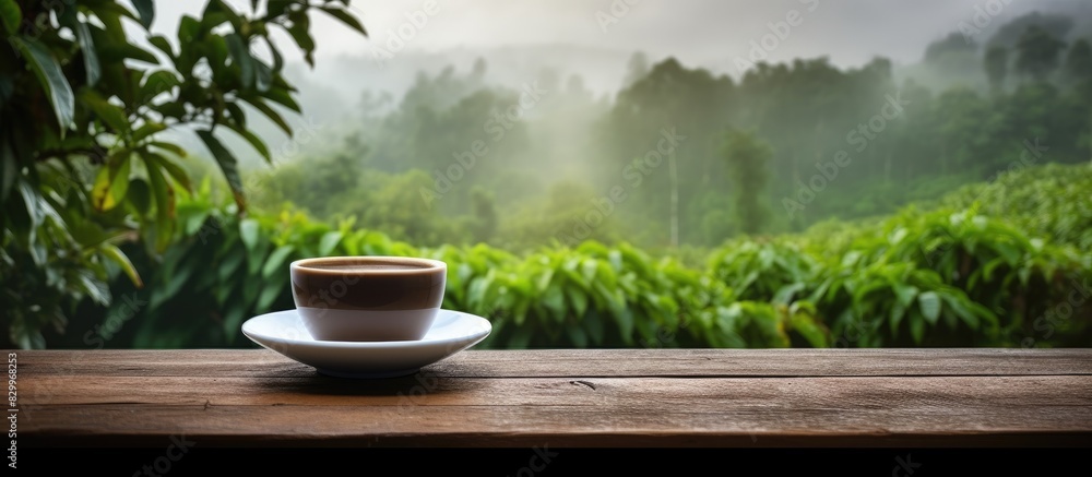 Image of a hot coffee cup on a wooden table in a garden with a serene background of plantations on a rainy morning providing a calming atmosphere. with copy space image Image of a hot coffee cup on a wooden table in a garden with a serene background of plantations on a rainy morning providing a calming atmosphere. with copy space image