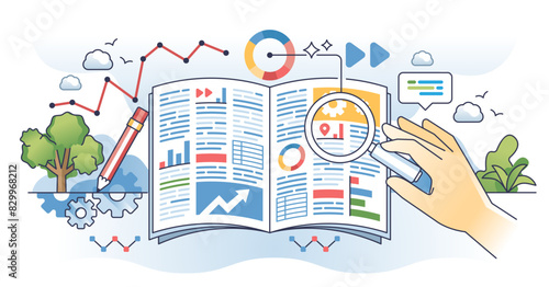 Data journalism and media article information research outline hands concept, transparent background. Daily paper content fact check and reportage analytics illustration.