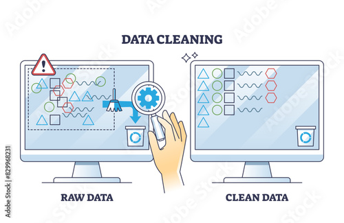 Data cleaning and raw information removing from storage outline diagram, transparent background. Labeled scheme with before and after examining database and sorting files illustration.