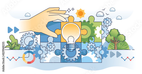 Change management and solution for improved process outline hands concept, transparent background. Jigsaw puzzle with business project and leader arranging pieces.