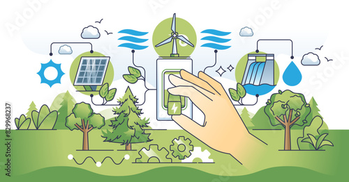 Clean energy shift and choosing green power production outline hands concept, transparent background. Renewable and alternative electricity sources with solar.
