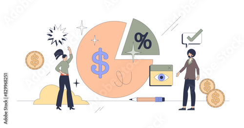 Commission percentage as interest of deal tiny person neubrutalism concept, transparent background. Profit calculation with financial percent analysis illustration. Calculation about revenue.