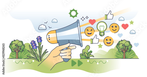 Constructive feedback and customer experience response outline hands concept, transparent background. Communication as reviews and reactions from loudspeaker as public opinion sharing illustration.