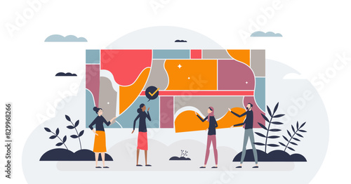 Diversity or inclusion training for multicultural company tiny person concept, transparent background. Acceptance or integration learning for diverse community in corporate environment illustration.