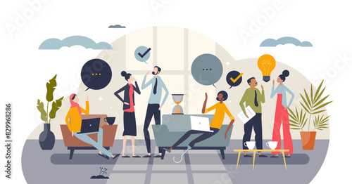 Diversity and inclusion in workplace with acceptance tiny person concept, transparent background. Business environment with ethnical, gender, racial and individualities illustration.
