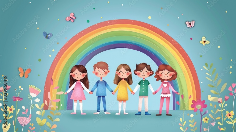 Fototapeta premium Cartoonist type kids or people holding hands and rainbow lines