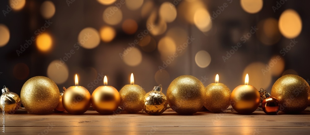 A festive scene with burning candles on a wooden table under a Christmas tree adorned with toys The background features gold bokeh lights creating a charming atmosphere Wishing you a Merry Christmas A festive scene with burning candles on a wooden table under a Christmas tree adorned with toys The background features gold bokeh lights creating a charming atmosphere Wishing you a Merry Christmas