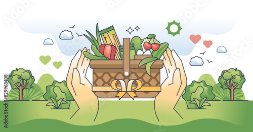 Food drive as grocery sharing to hunger social groups outline hands concept, transparent background. Poor and hopeless people support with groceries donation and sharing ingredients.