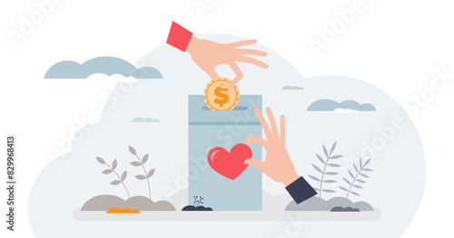 Giving campaigns and financial money donation box tiny person hands concept, transparent background.Poverty awareness, social assistance and volunteering projects illustration.