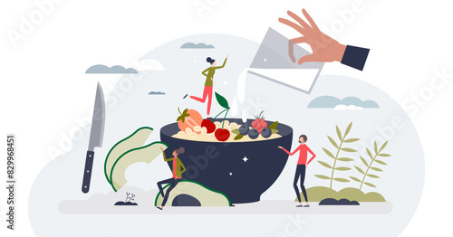 Healthy breakfast as fresh food for morning meal tiny person hands concept, transparent background. Oatmeal or musli with berries, fruits or avocado illustration.