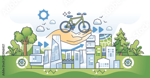 Green commute and nature friendly transportation outline hands concept, transparent background. Sustainable mobility solutions for carbon free urban area or residential city illustration.