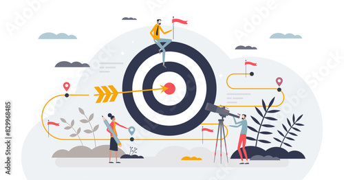Goal setting as action plan for employee motivation tiny person concept, transparent background. Achieve target with effective and smart staff leadership illustration.