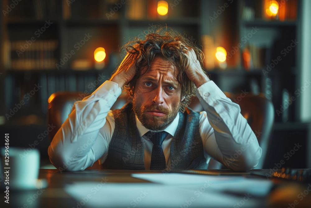 Frustrated businessman sits at his desk and tearing at his hair in distress in evening office, emotional breakdowns and business problems Frustrated businessman sits at his desk and tearing at his hair in distress in evening office, emotional breakdowns and business problems