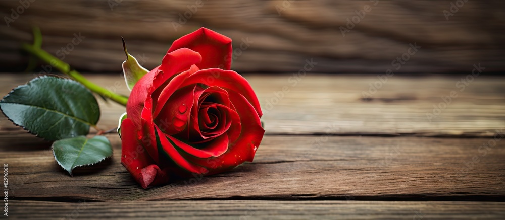 A close up macro image of a red Valentine s rose placed on a rustic wooden background providing ample space for copy or text