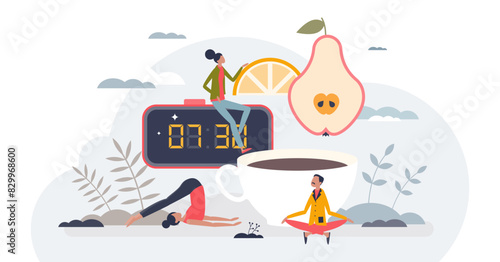 Morning routines as activities after waking up from sleep tiny person concept, transparent background. Alarm clock, healthy breakfast, coffee drinking and morning yoga ritual.