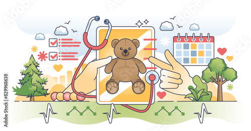 Pediatric EMR or electric medical records database outline hands concept, transparent background. Digital healthcare management system for children hospital or clinic illustration.