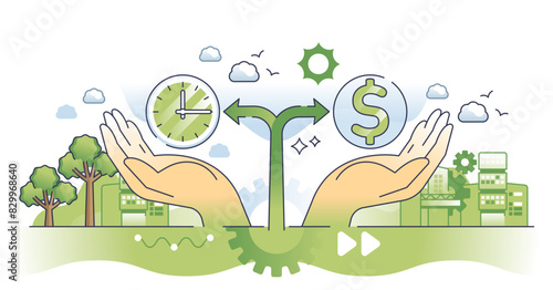 Opportunity costs with compared financial expenses outline hands concept, transparent background. Future decision with profit, time spend or possible earning calculation illustration.