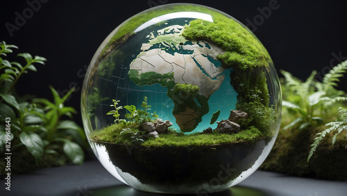   World environment day  Surrounding the globe are small plants and leaves extending outward  symbolizing nature and environmental growth against a dark blurred background