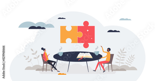 Peer to peer mentoring to share professional skills tiny person concept, transparent background. Cognitive guidance and personal growth after communication with mentor illustration.