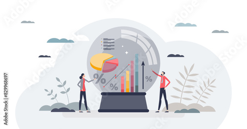 Predictive analytics and future business data modeling tiny person concept, transparent background. Insight, forecasting and calculation.