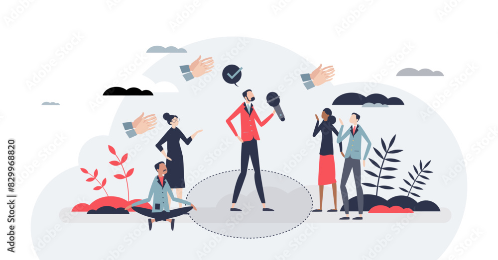 Speakers circle for speech practice and encouragement tiny person concept, transparent background. Stage for public speaking in spotlight using safe environment illustration. Learning overcome fear.