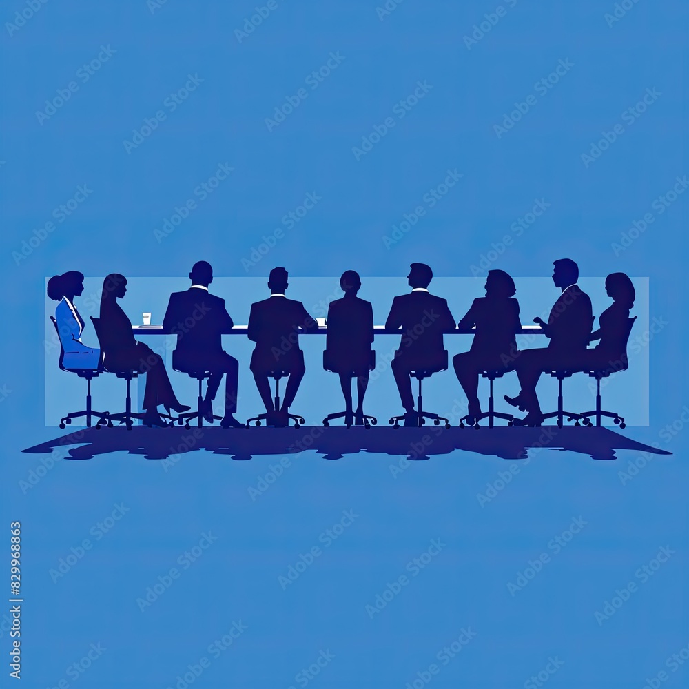Geometric Silhouettes: Minimalist Flat Illustration of Business Meeting with Grainy Shading on Solid Blue Background Geometric Silhouettes: Minimalist Flat Illustration of Business Meeting with Grainy Shading on Solid Blue Background
