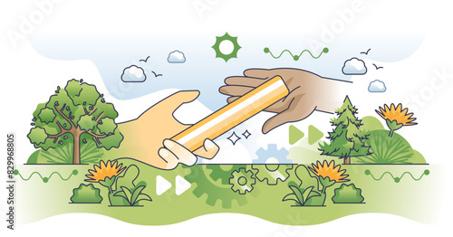 Succession planning for future business pass or receive outline hands concept, transparent background. Company continuity with successful responsibilities replacement to new leader illustration.