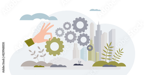 Sustainable urban community with green lifestyle tiny person hands concept, transparent background. Effective city infrastructure planning.