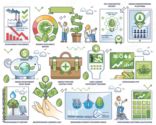 Sustainable investing and ecological green business outline collection set, transparent background. Labeled elements with renewable energy profit.