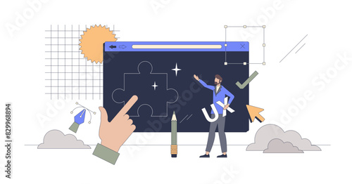 UI or UX design development for website tiny person neubrutalism concept, transparent background. Online business project creation for easy usage and responsive interface illustration.