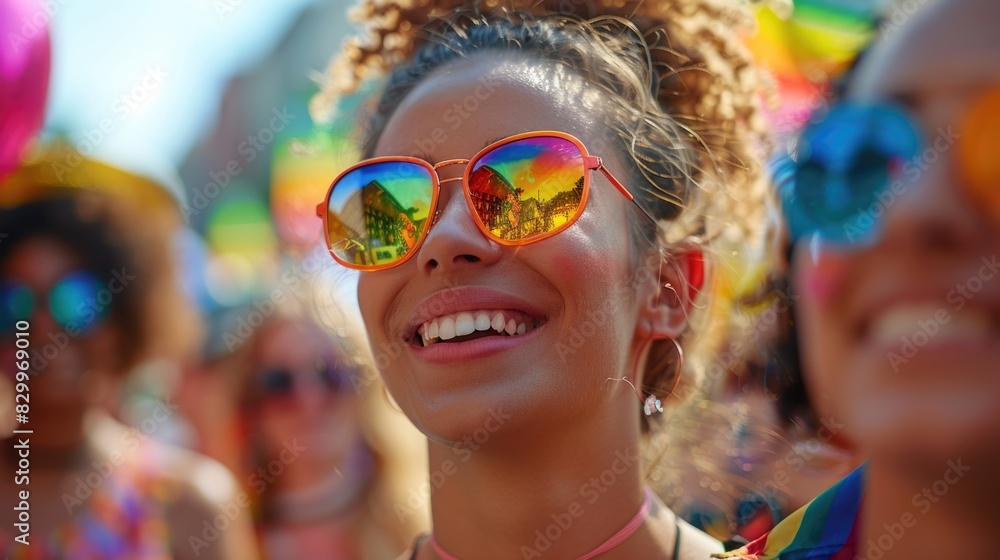 Friends in crowd of people and holding Pride flag sunset Friends in crowd of people and holding Pride flag sunset