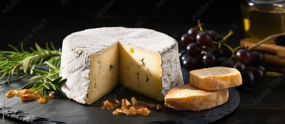 Aged goat cheese on a slate board surrounded by chunks of hard cheese The long ripening process gives the craft cheese its unique flavor Ample copy space for text