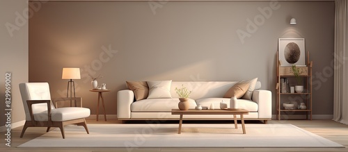 A cozy and brightly lit room in a modern home adorned with comfortable furniture and a mirror provides an inviting ambiance. with copy space image. Place for adding text or design