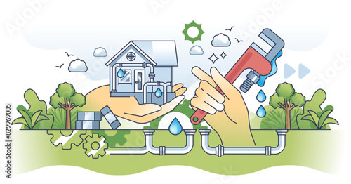 Water damage repair and fix faucet or wc pipe leakage outline hands concept, transparent background. Professional inspection to check pipeline leaks and broken sewage system illustration.