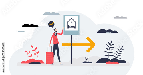 Booking a hotel and service to reserve accommodation tiny person concept, transparent background. Bed and breakfast in hostel or apartment illustration.