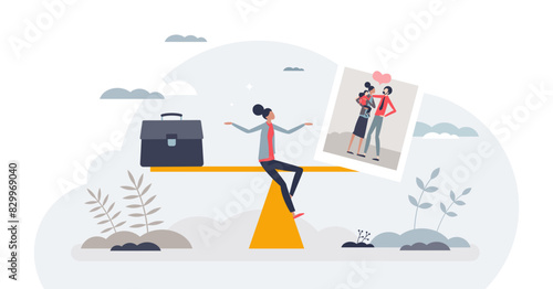 Work life balance as equal time for career and family tiny person concept, transparent background. Scale with professional life and relationship values illustration.