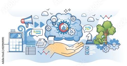 Business intelligence for effective strategy planning outline hands concept, transparent background. Company leading with innovative solutions, benchmarking, data mining.
