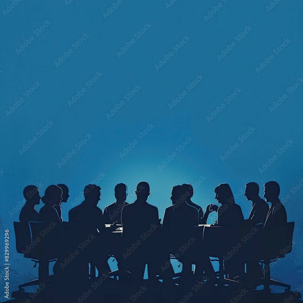 Geometric Silhouettes: Minimalist Flat Illustration of Business Meeting with Grainy Shading on Solid Blue Background Geometric Silhouettes: Minimalist Flat Illustration of Business Meeting with Grainy Shading on Solid Blue Background
