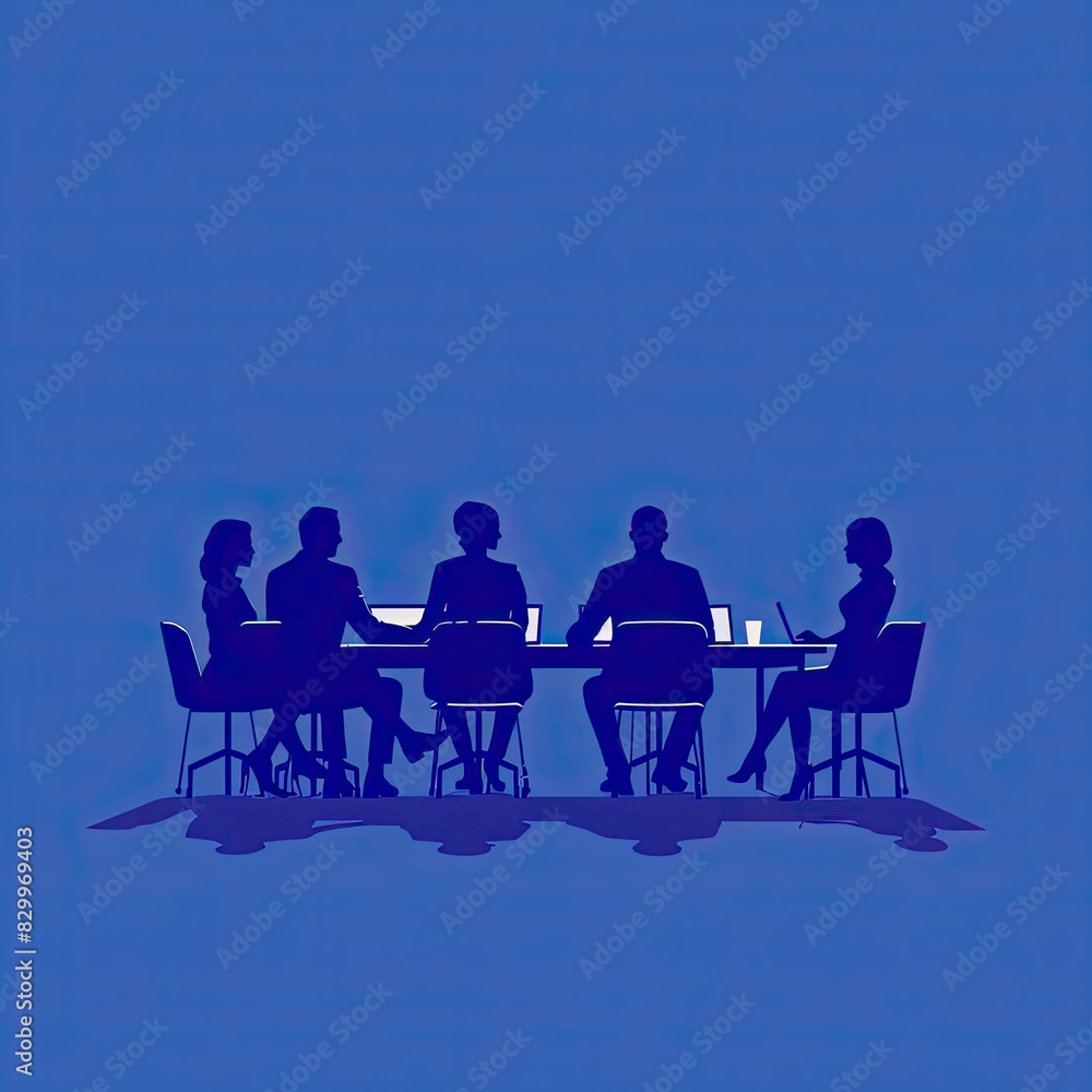 Geometric Silhouettes: Minimalist Flat Illustration of Business Meeting with Grainy Shading on Solid Blue Background Geometric Silhouettes: Minimalist Flat Illustration of Business Meeting with Grainy Shading on Solid Blue Background