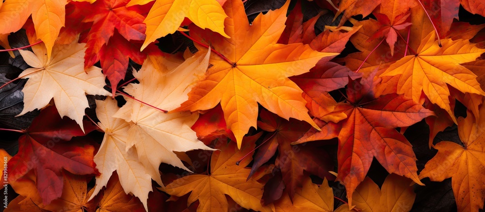 On the ground there are vibrant dry maple leaves depicting the colors of autumn in a copy space image On the ground there are vibrant dry maple leaves depicting the colors of autumn in a copy space image