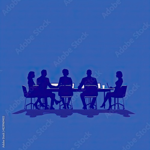 Geometric Silhouettes: Minimalist Flat Illustration of Business Meeting with Grainy Shading on Solid Blue Background