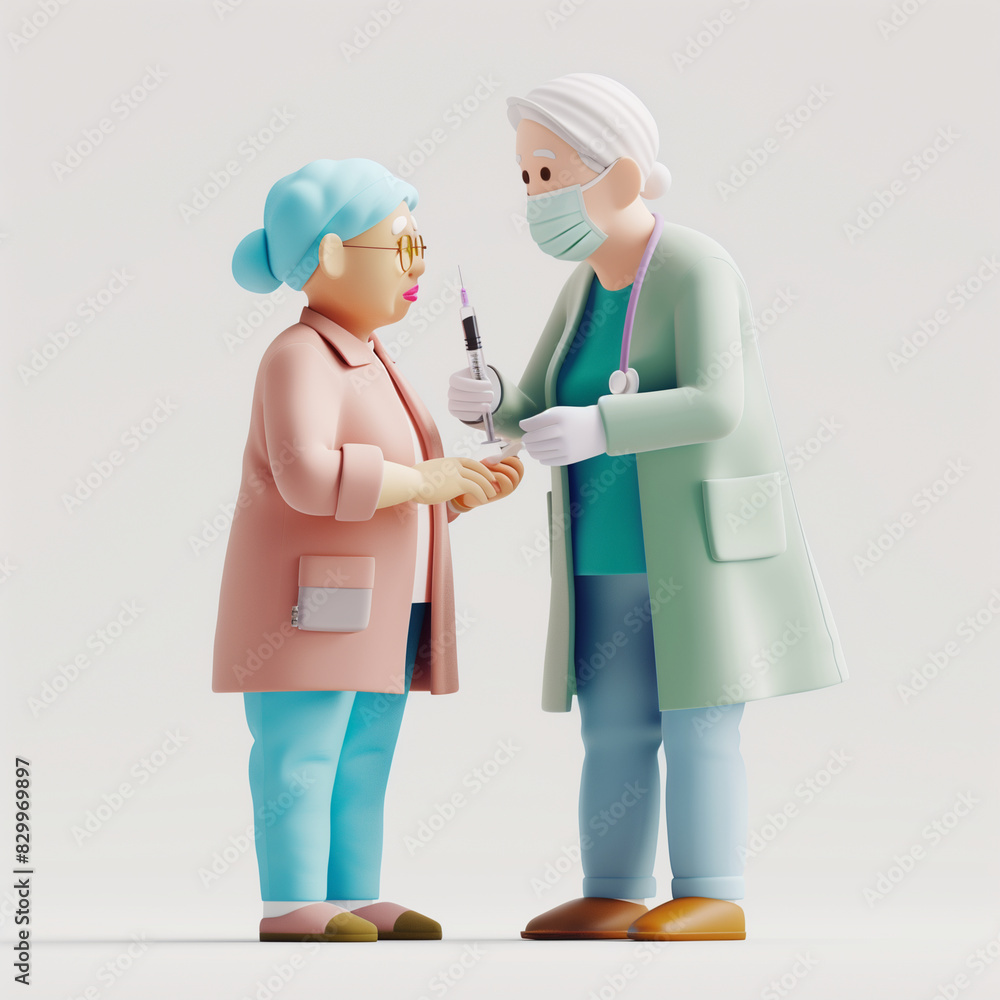 Ilustração 3D de enfermeira vacinando uma idosa Ilustração 3D de enfermeira vacinando uma idosa