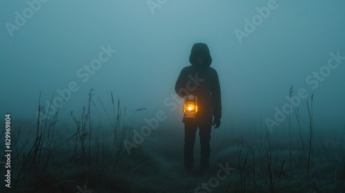 Person standing in the fog with holding lantern in night time