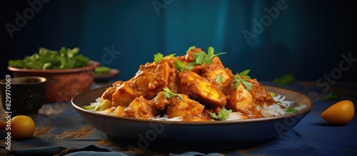 A delicious Bengali style chicken curry known as Mangsho Kosha is presented on a plate against a blue wooden backdrop creating a perfect copy space image photo