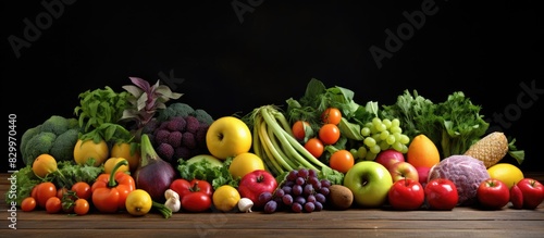 A copy space image of a diverse assortment of fruits and vegetables is captured in a studio photograph against a wooden table serving as a vibrant healthy eating background
